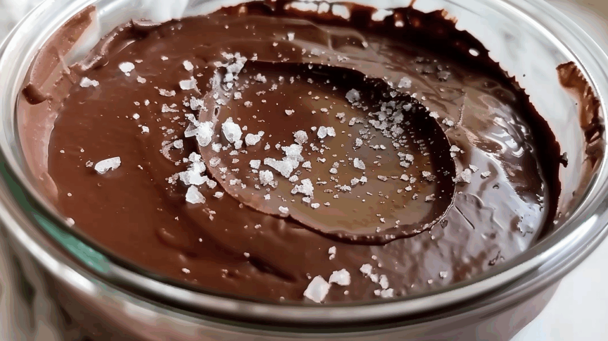 Close-up of a 2 ingredient cottage cheese chocolate mousse in a glass jar, topped with glossy dark chocolate ganache and flaky sea salt