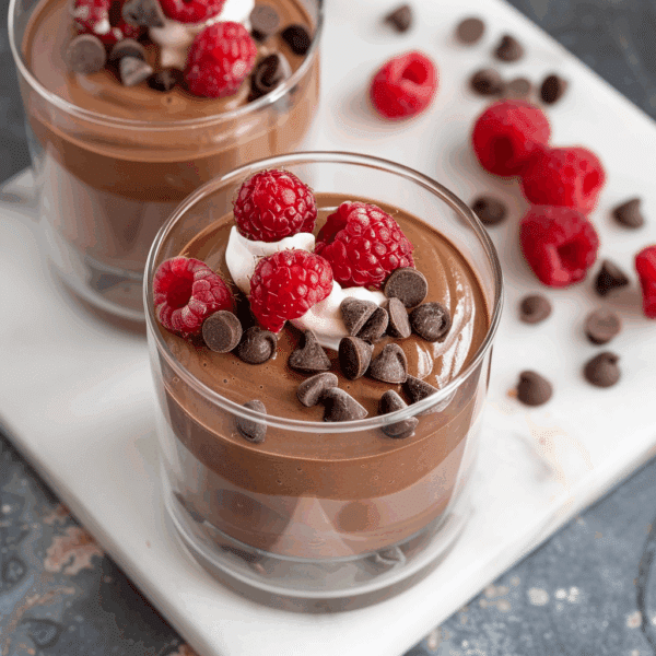 This Viral 3 Ingredient Cottage Cheese Chocolate Mousse Is Shockingly Good 8 3 ingredient cottage cheese chocolate mousse in a glass, topped with whipped cream, fresh raspberry, and chocolate chips