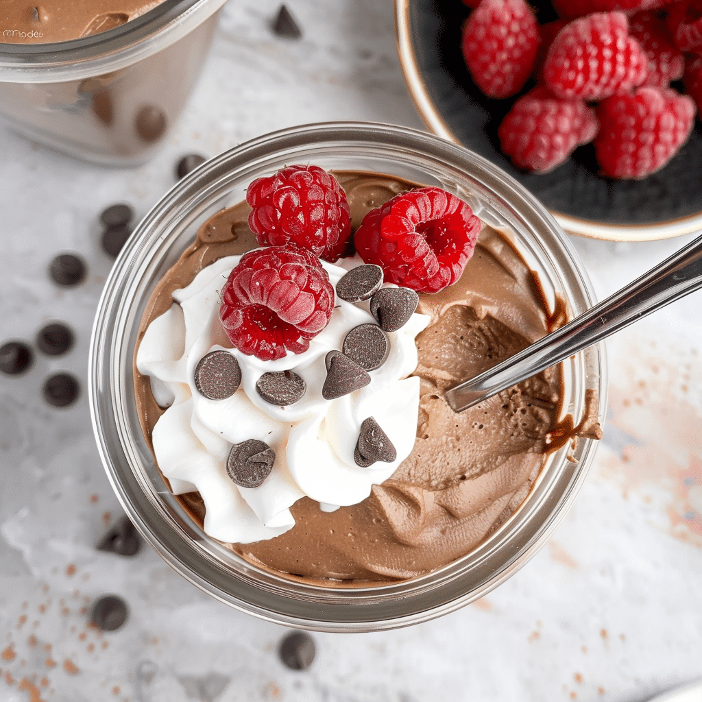 This Viral 3 Ingredient Cottage Cheese Chocolate Mousse Is Shockingly Good 10 3 ingredient cottage cheese chocolate mousse in a glass with spoon, topped with whipped cream, raspberry, and chocolate chips