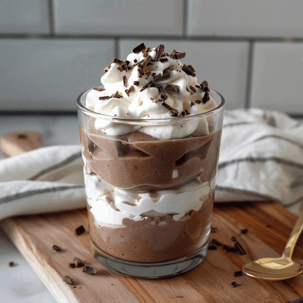 3 Ingredient High Protein Cottage Cheese Chocolate Mousse Moms Love 10 3-ingredient cottage cheese chocolate mousse served in a glass dessert cup with chocolate shavings