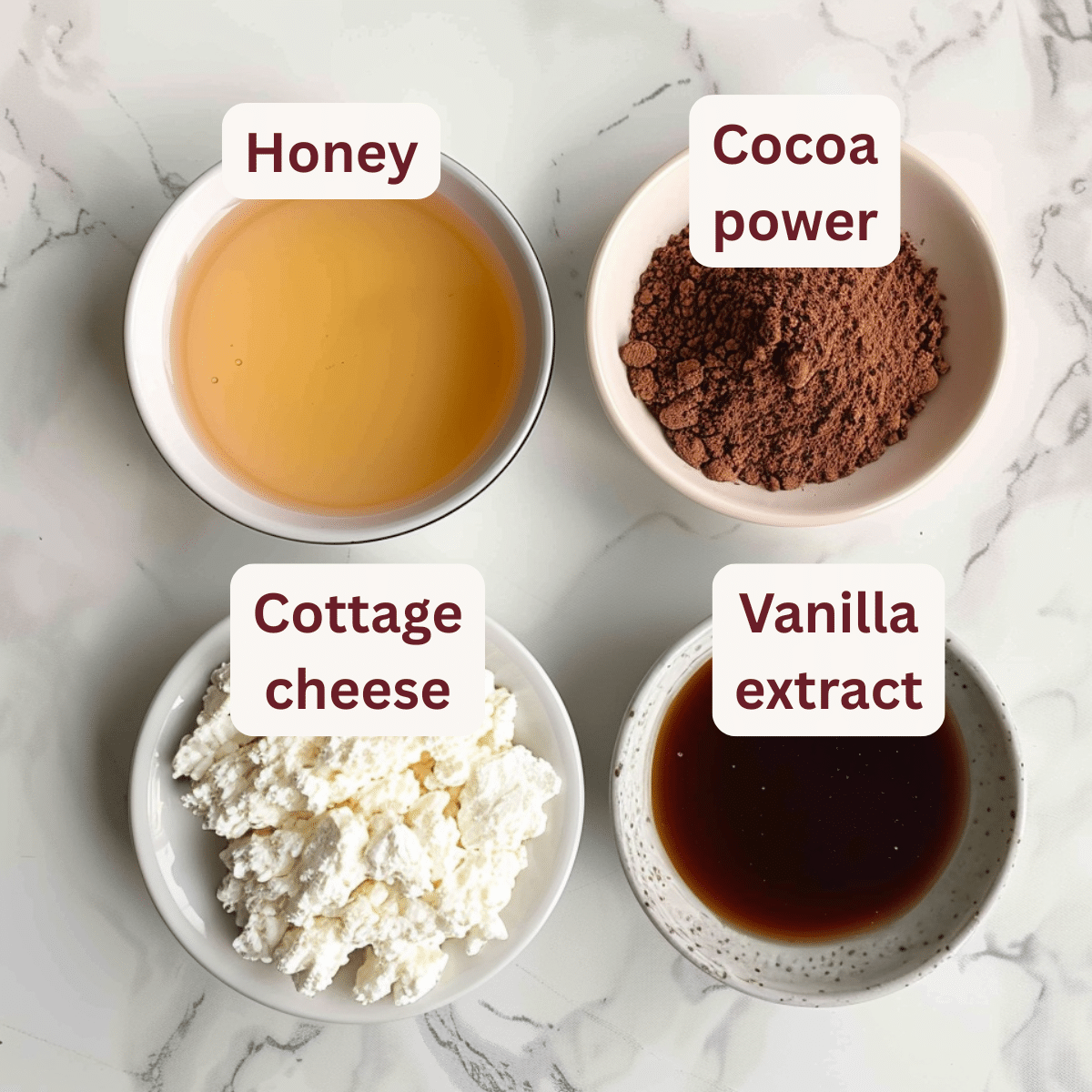 3 Ingredient High Protein Cottage Cheese Chocolate Mousse Moms Love 12 Labeled cottage cheese chocolate mousse ingredients in small bowls