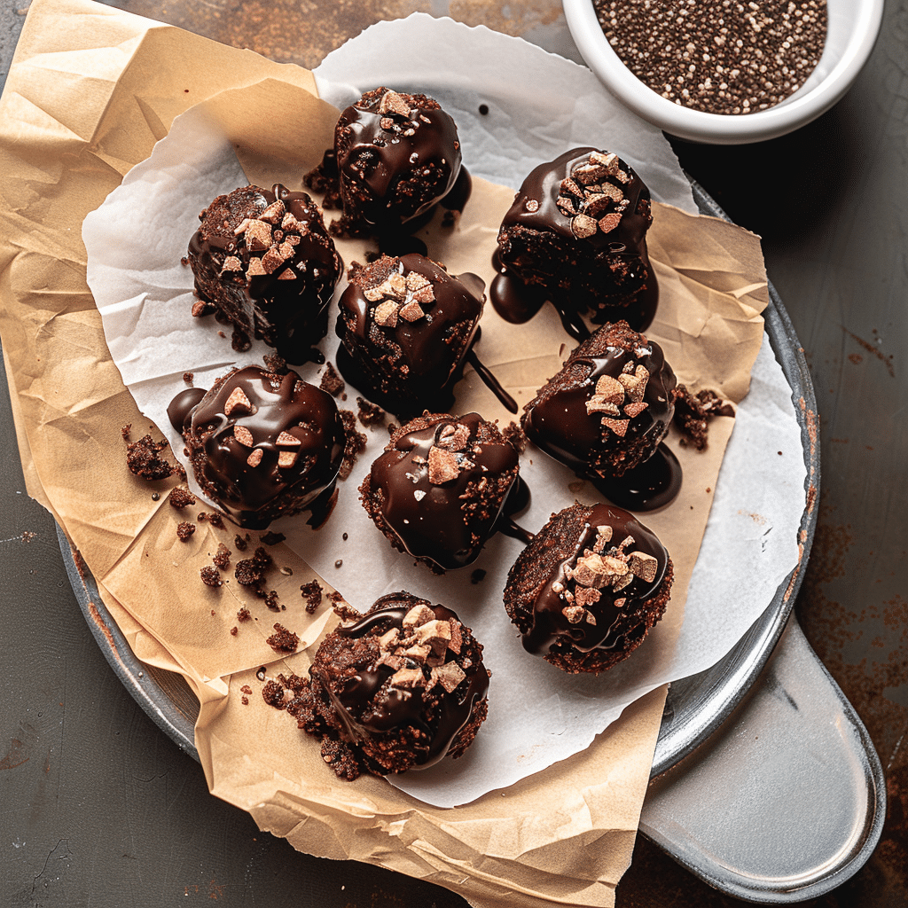 Irresistibly Fudgy & Fit: Your Ultimate Guide To High Protein Brownies 10 High protein brownies topped with chia seeds and chocolate drizzle, served on parchment paper