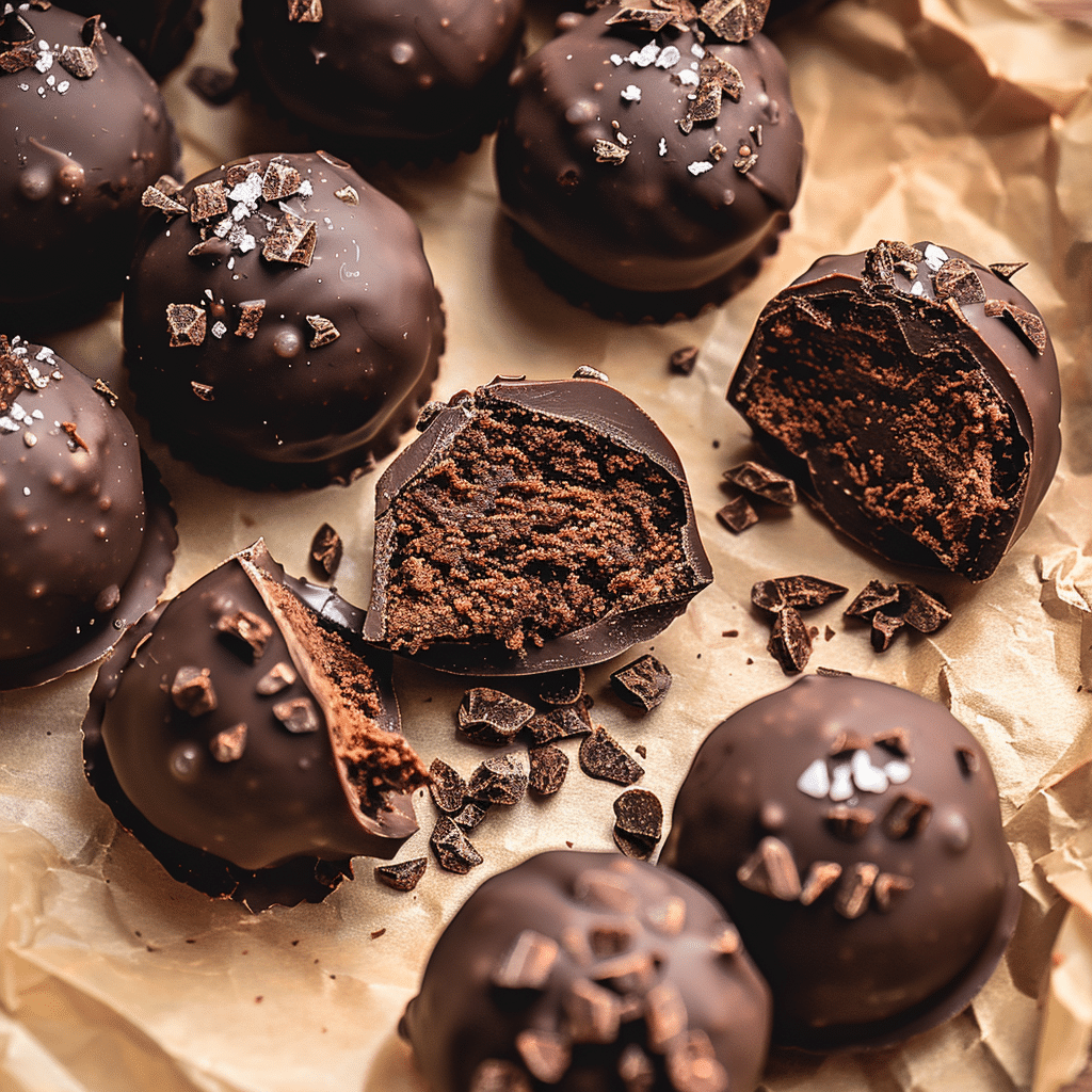 Irresistibly Fudgy & Fit: Your Ultimate Guide To High Protein Brownies 7 Close-up of high protein brownies with a fudgy chocolate center, coated in glossy dark chocolate and sprinkled with sea salt, on parchment paper.