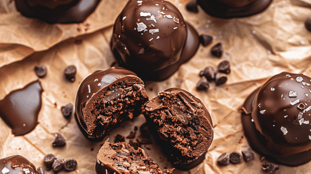 Irresistibly Fudgy & Fit: Your Ultimate Guide To High Protein Brownies 9 Close-up of high protein brownies with a fudgy chocolate center, coated in glossy dark chocolate and sprinkled with sea salt, on parchment paper.