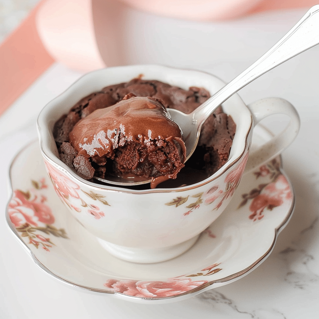 3-Ingredient High-Protein Brownies You’ll Love (Low-Cal & Crazy Easy!) 7 High protein low calorie 3 ingredient brownies baked in a teacup with a spoon scooping out the fudgy center