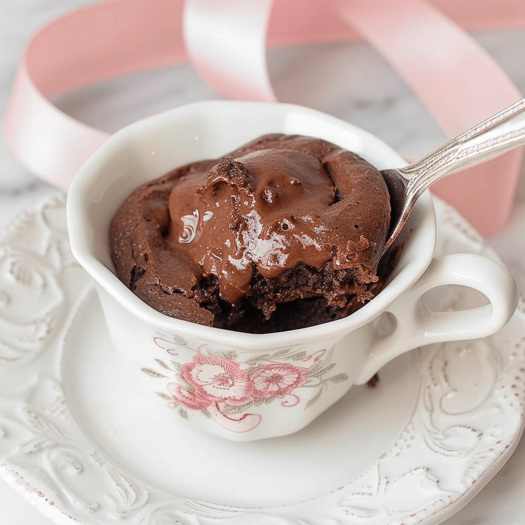 3-Ingredient High-Protein Brownies You’ll Love (Low-Cal & Crazy Easy!) 11 Overhead view of high protein low calorie 3 ingredient brownie in a white teacup with ribbon and marble background