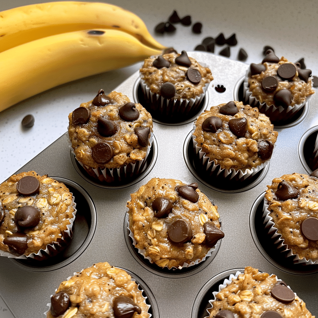 The Best Fluffy High Protein Muffins With Greek Yogurt (2025 Recipe) 12 High protein muffins with Greek yogurt and chocolate chips in a muffin tin with bananas and chocolate chips nearby