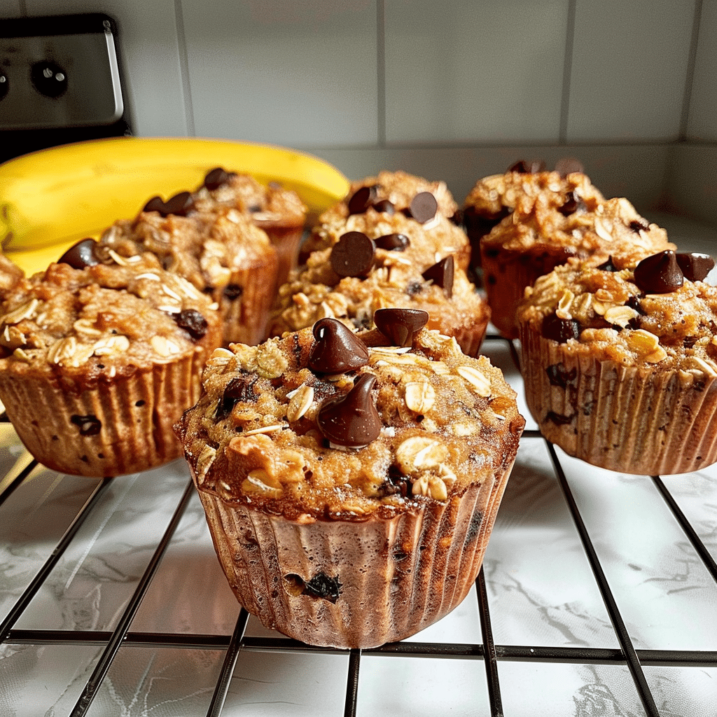 The Best Fluffy High Protein Muffins With Greek Yogurt (2025 Recipe) 11 High protein muffins with Greek yogurt and chocolate chips cooling on a wire rack with bananas in the background