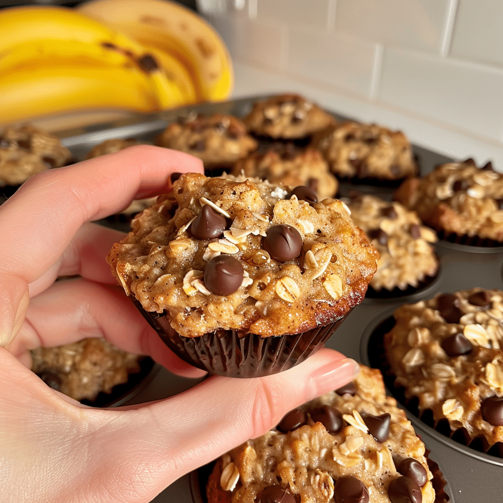 The Best Fluffy High Protein Muffins With Greek Yogurt (2025 Recipe) 13 Hand holding high protein muffin with Greek yogurt and chocolate chips above a muffin tin filled with freshly baked muffins