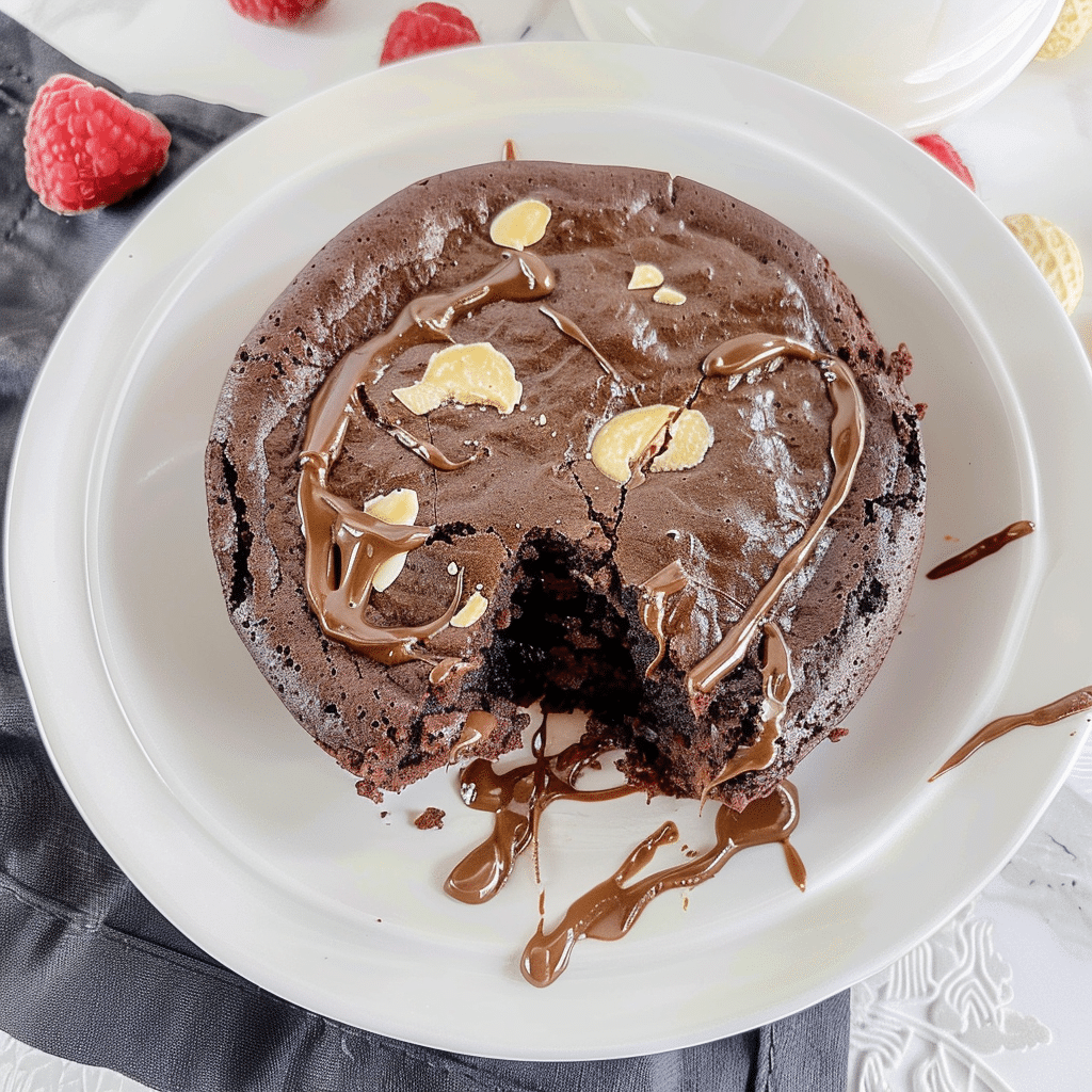 The Best Peanut Butter Protein Brownies : Guilt-Free, Fudgy & So Easy 13 Close-up of peanut butter protein brownies in a ramekin with peanut butter swirl on top, served with strawberries