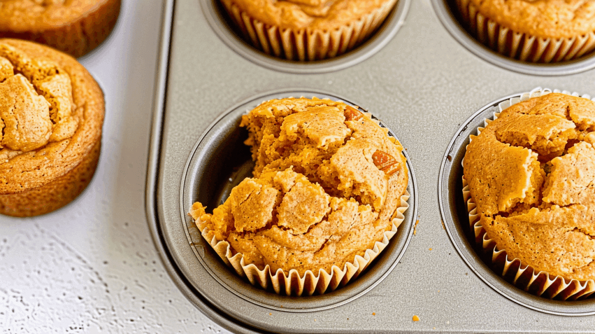 Pumpkin protein muffins with Greek yogurt in muffin tin, one with a bite showing soft texture
