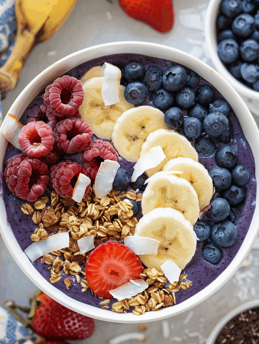 Home 21 protein smoothie bowl with berries, banana, nut butter, and granola