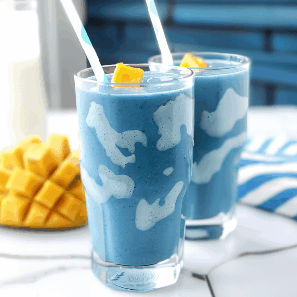 Blue Spirulina Smoothie: Tasty, Healthy, And So Easy To Make! 2 Close-up of two glasses of blue spirulina smoothie with white coconut swirl patterns, topped with fresh mango cubes. A diced mango and striped napkin appear in the bright background, creating a fresh tropical look.