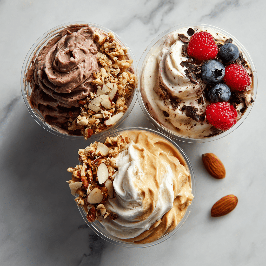 Overhead view of three high protein Ninja Creami recipes with chocolate, vanilla berry, and peanut butter ice cream.