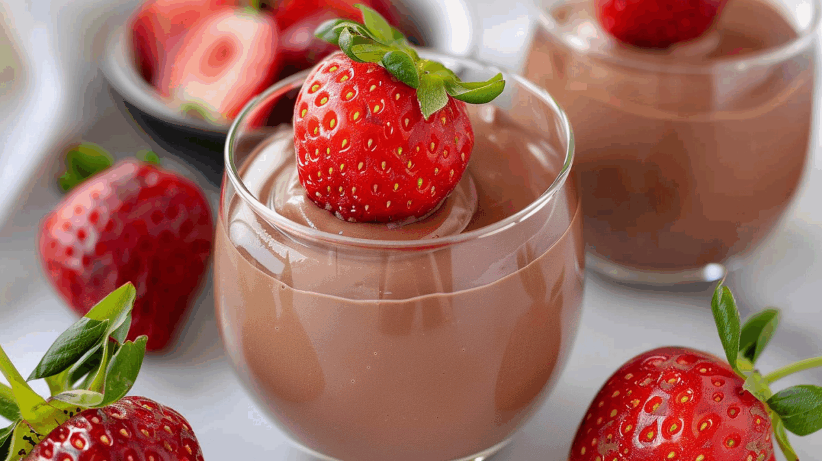 Close-up of creamy keto chocolate mousse made with cottage cheese, served in a glass and topped with a juicy strawberry