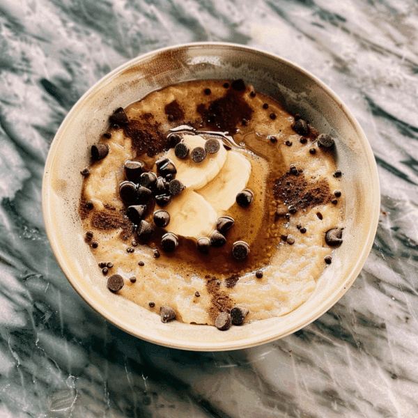 Square close-up of a protein pancake bowl made in the microwave, topped with chocolate chips, melted butter, and syrup in a round bowl on a marble background