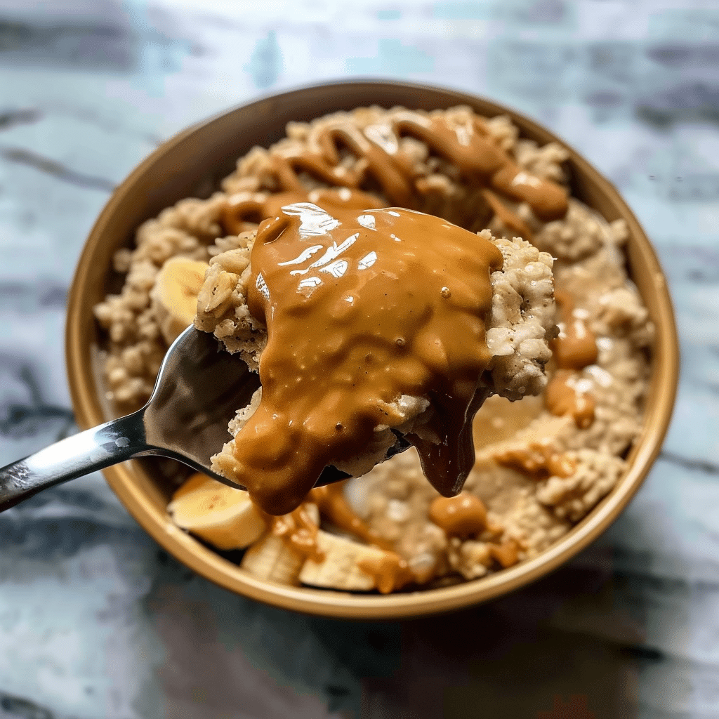 Square image showing a close-up of a spoonful of protein pancake bowl topped with creamy peanut butter, with the rest of the bowl blurred in the background