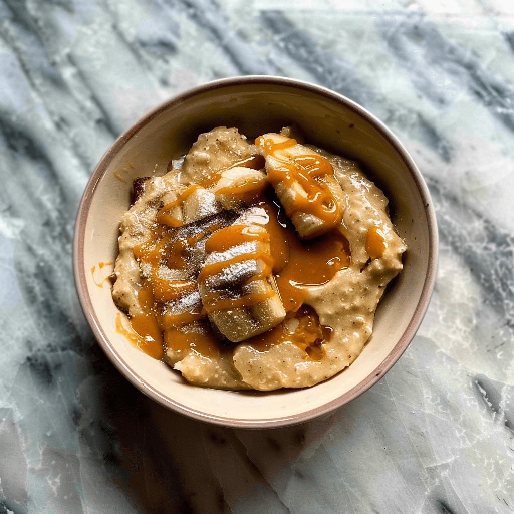 Overhead view of a protein pancake bowl cooked in the microwave, topped with melted peanut butter in a round bowl on a marble surface