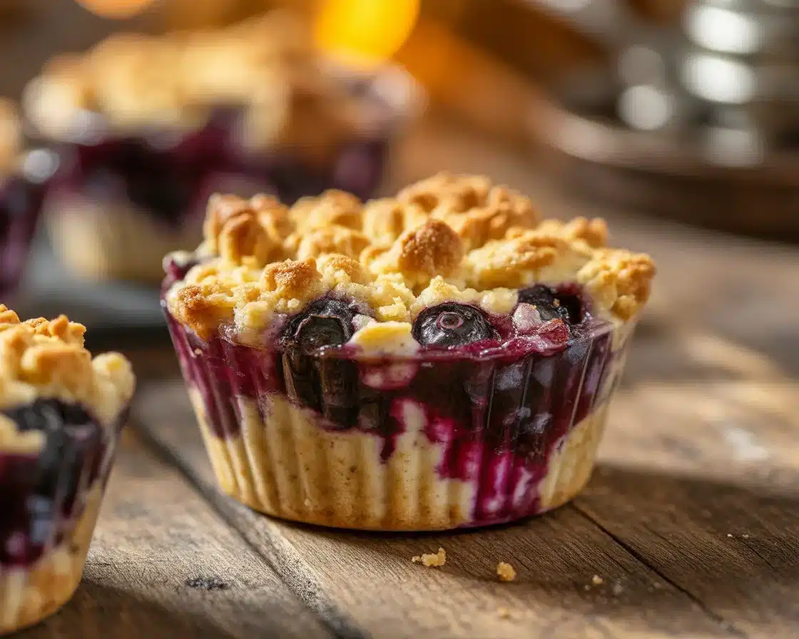 Low sugar blueberry crumble cups topped with a crunchy oat and nut crumble.