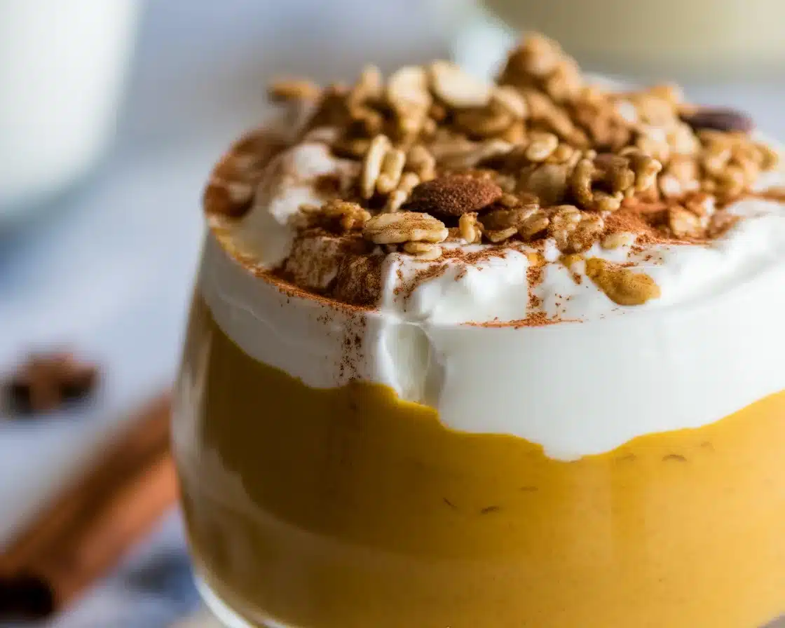 Healthy pumpkin pie parfait with Greek yogurt and pumpkin puree layered with granola.