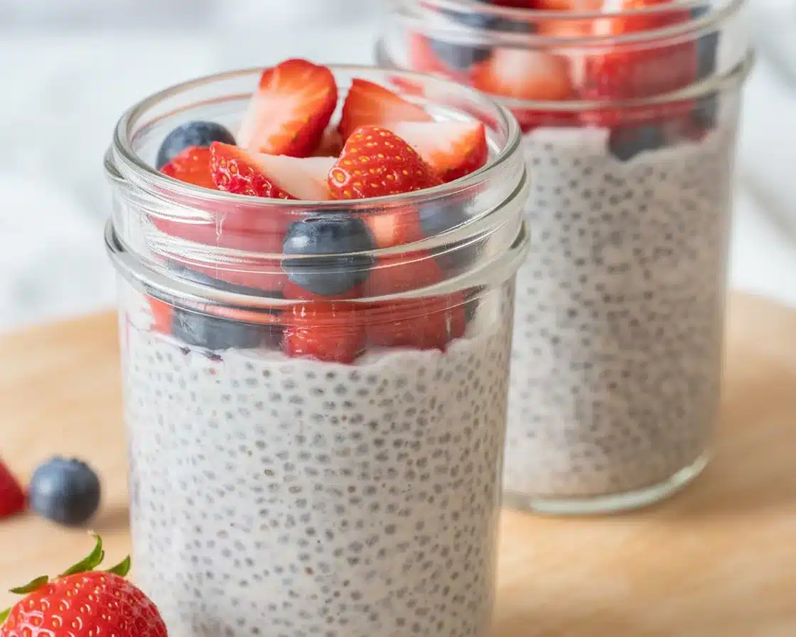 Bowl of creamy chia seed pudding made with almond milk and topped with fresh fruit