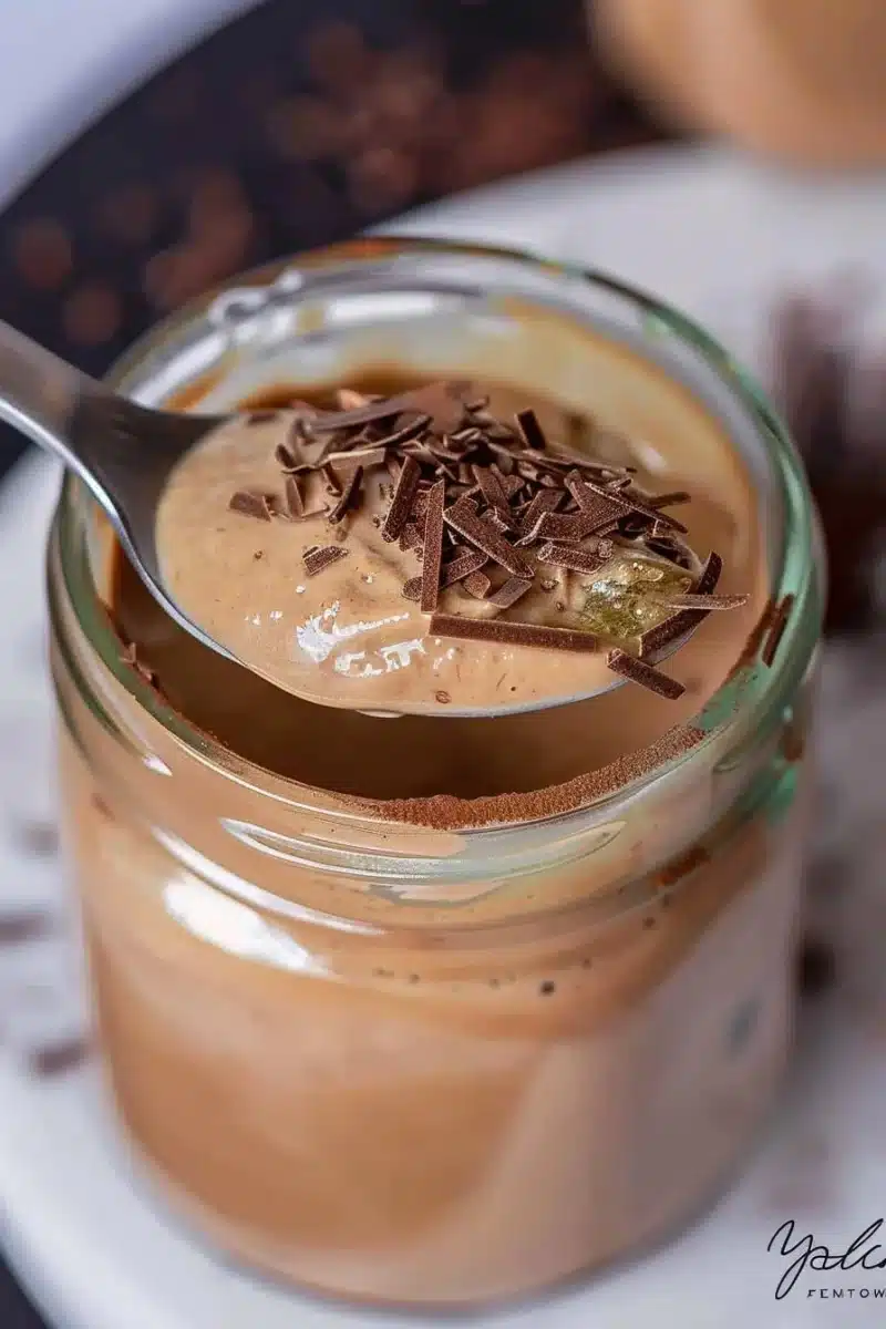 Delicious cottage cheese chocolate pudding in a bowl with a spoon