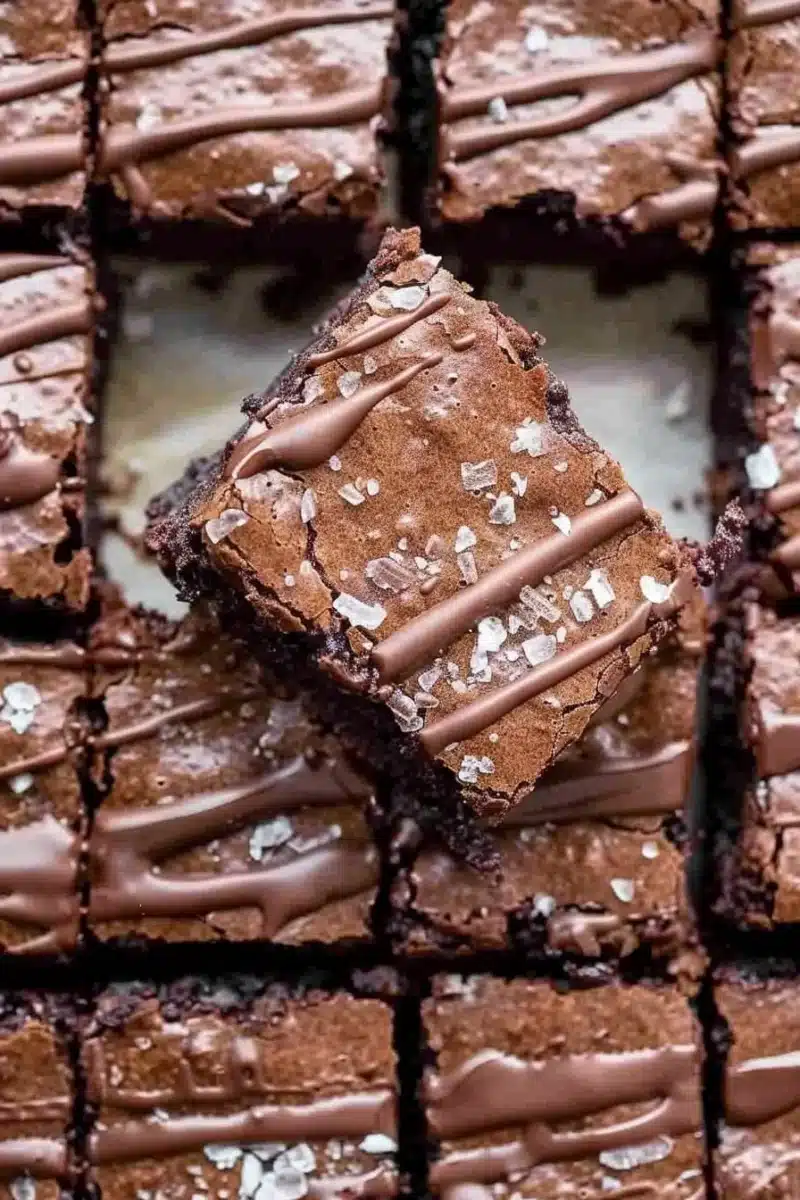 Delicious protein brownies topped with nuts and chocolate drizzle.