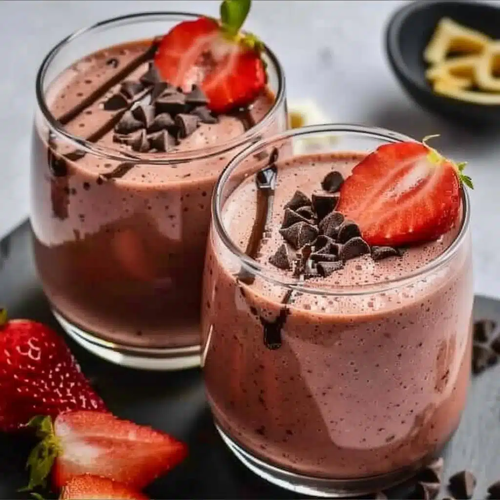 Chocolate-Covered Strawberry Protein Smoothie in a glass with fresh strawberries
