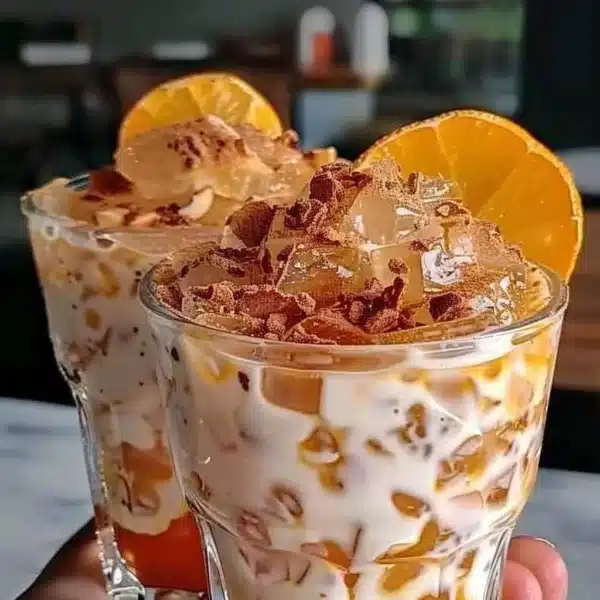 Coconut Orange Glow Dessert 4 Delicious Coconut Orange Glow Dessert garnished with fresh fruit.