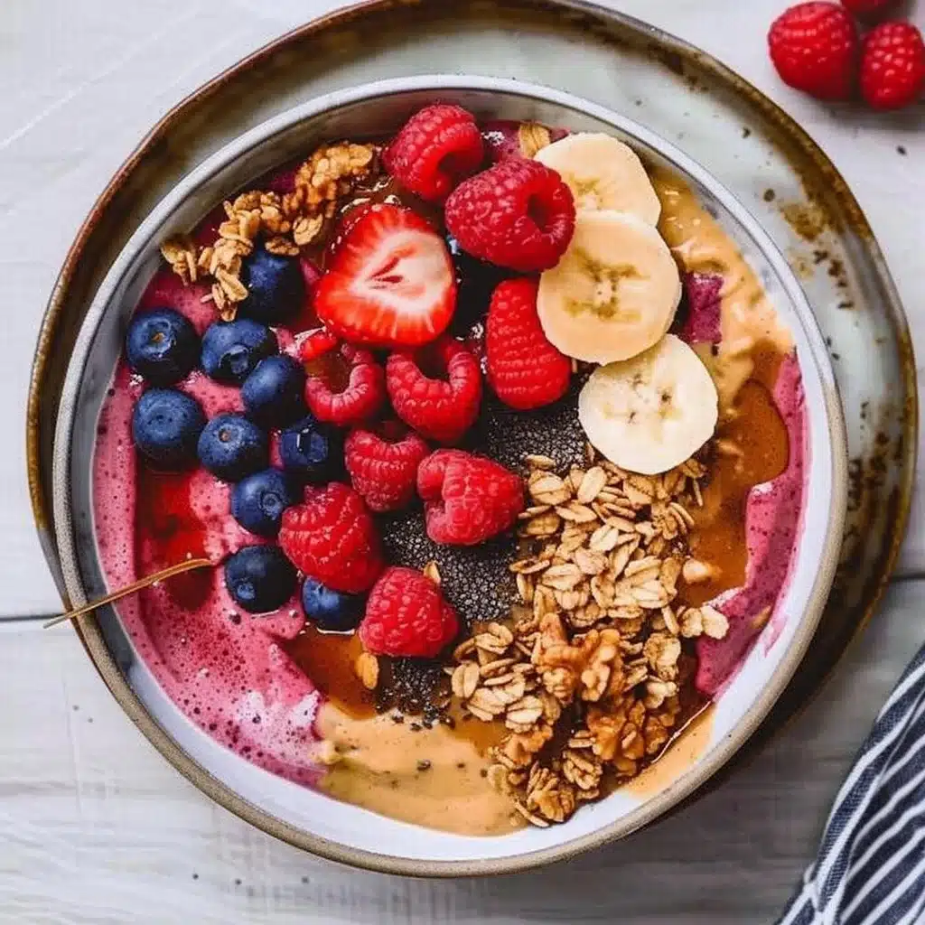 Healthy Peanut Butter Acai Bowl topped with fresh fruits and granola