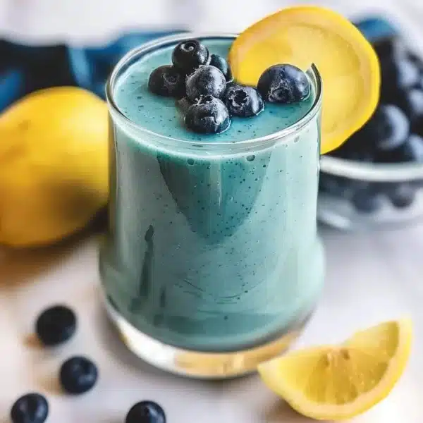 Refreshing Anti-Inflammatory Lemon-Blueberry Smoothie 1 Refreshing lemon-blueberry smoothie in a glass with fresh fruit and mint leaves.